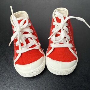 VTG 60s 70s Red White Baby Shoes Hard Bottom High‎ Top Sneaker Canvas Sz 1 NEW